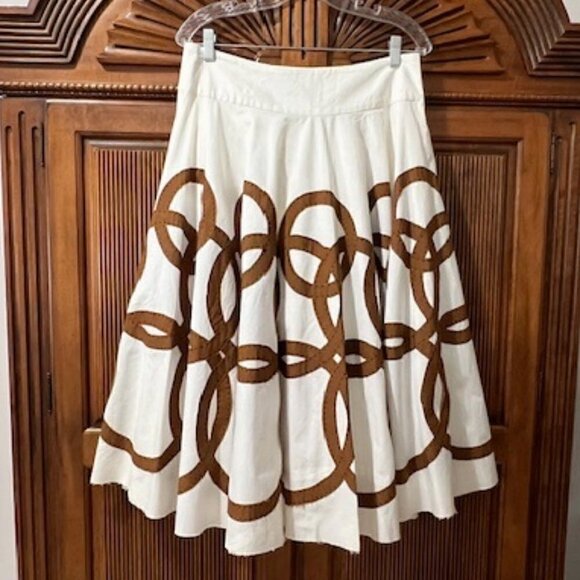 Easton Pearson Full Midi Skirt White & Brown Geometric Cotton - Picture 5 of 12